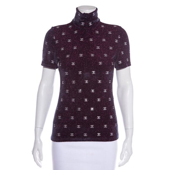 Chanel 20N Navy Blue Fuchsia Pink Silver Sequin CC Logo Stretch Top T Shirt 38 - Picture 2 of 16